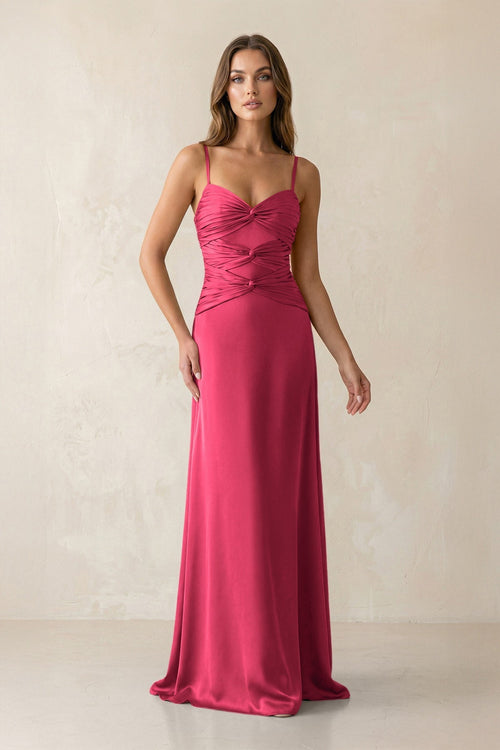 Cami Strap Pleated Sheath Satin Bridesmaid Dress in Fuchsia - KissProm Bridesmaid Dresses