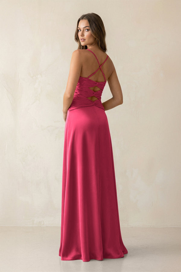 Cami Strap Pleated Sheath Satin Bridesmaid Dress in Fuchsia - KissProm Bridesmaid Dresses