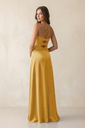 Cami Strap Pleated Sheath Satin Bridesmaid Dress in Gold - KissProm Bridesmaid Dresses