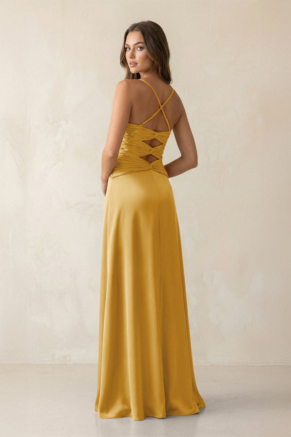 Cami Strap Pleated Sheath Satin Bridesmaid Dress in Gold - KissProm Bridesmaid Dresses