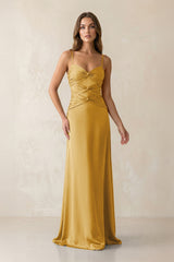 Cami Strap Pleated Sheath Satin Bridesmaid Dress in Gold - KissProm Bridesmaid Dresses