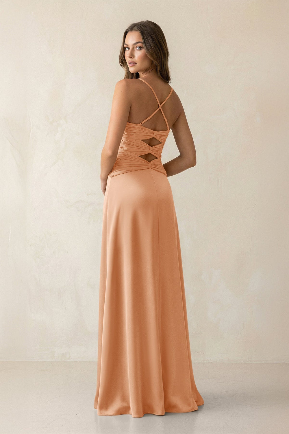 Cami Strap Pleated Sheath Satin Bridesmaid Dress in Golden Champagne - KissProm Bridesmaid Dresses