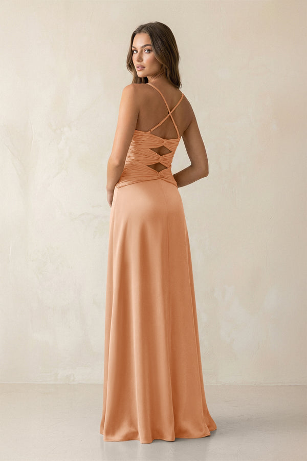 Cami Strap Pleated Sheath Satin Bridesmaid Dress in Golden Champagne - KissProm Bridesmaid Dresses