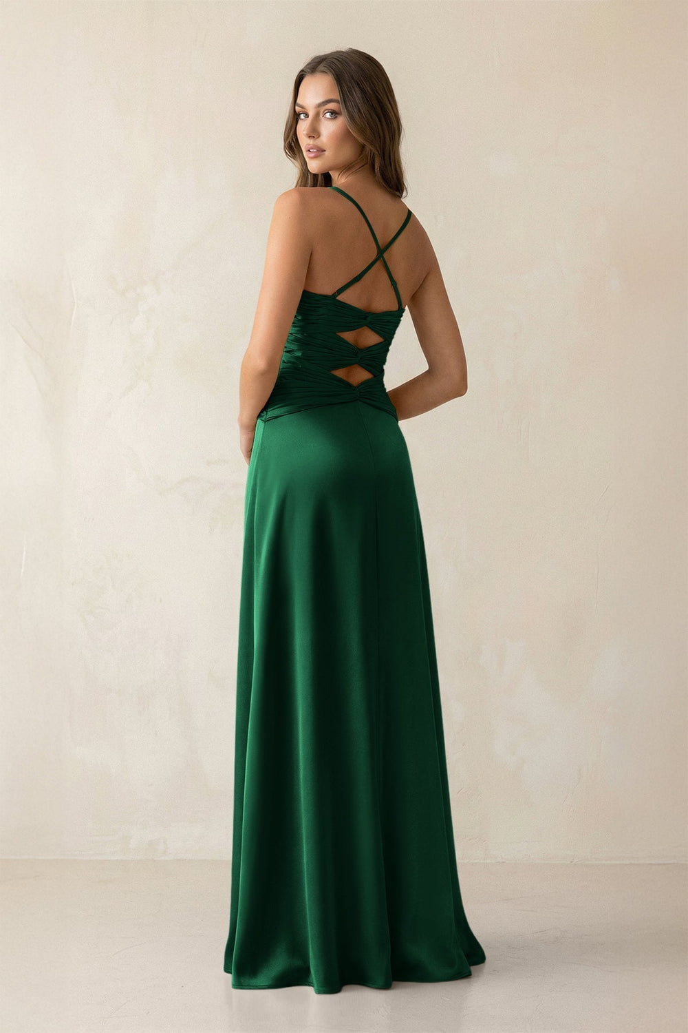 Cami Strap Pleated Sheath Satin Bridesmaid Dress in Green - KissProm Bridesmaid Dresses