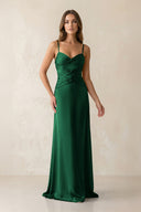 Cami Strap Pleated Sheath Satin Bridesmaid Dress in Green - KissProm Bridesmaid Dresses