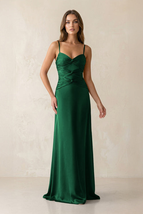 Cami Strap Pleated Sheath Satin Bridesmaid Dress in Green - KissProm Bridesmaid Dresses