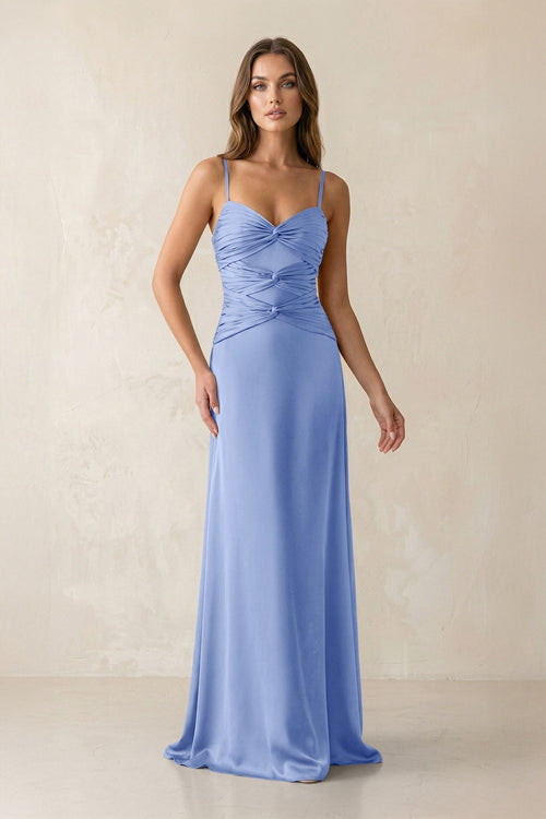 Cami Strap Pleated Sheath Satin Bridesmaid Dress in Ice - KissProm Bridesmaid Dresses