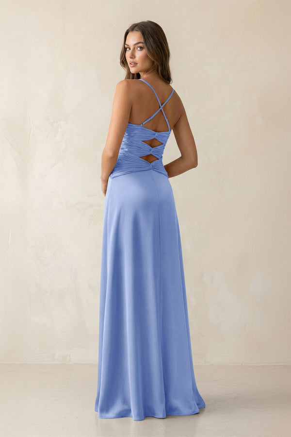 Cami Strap Pleated Sheath Satin Bridesmaid Dress in Ice - KissProm Bridesmaid Dresses