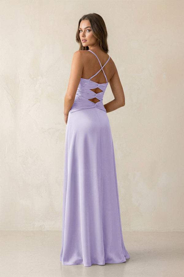 Cami Strap Pleated Sheath Satin Bridesmaid Dress in Lavender - KissProm Bridesmaid Dresses
