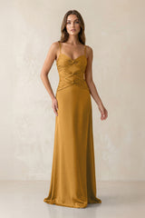 Cami Strap Pleated Sheath Satin Bridesmaid Dress in Marigold - KissProm Bridesmaid Dresses