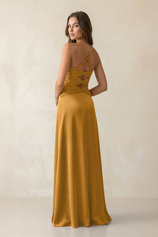 Cami Strap Pleated Sheath Satin Bridesmaid Dress in Marigold - KissProm Bridesmaid Dresses
