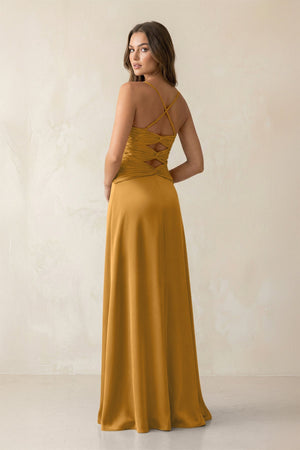 Cami Strap Pleated Sheath Satin Bridesmaid Dress in Marigold - KissProm Bridesmaid Dresses