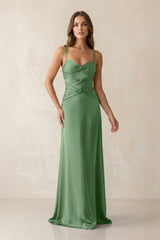Cami Strap Pleated Sheath Satin Bridesmaid Dress in Matcha - KissProm Bridesmaid Dresses