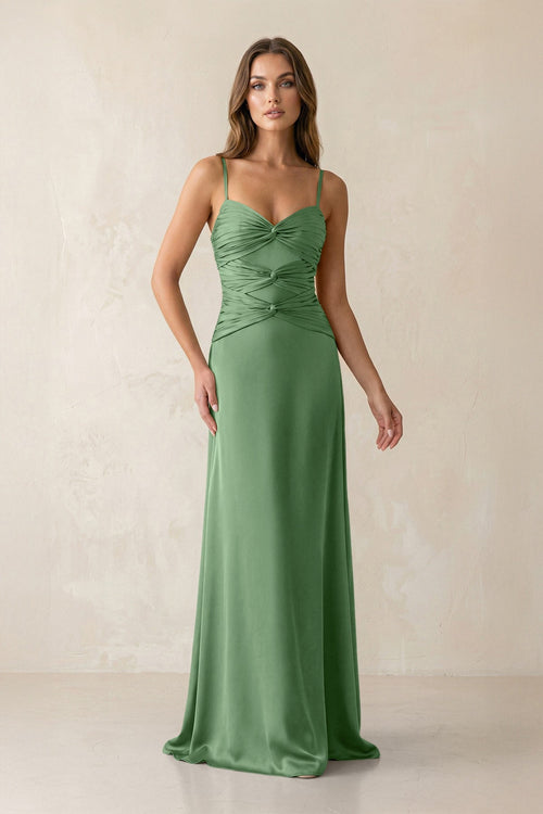 Cami Strap Pleated Sheath Satin Bridesmaid Dress in Matcha - KissProm Bridesmaid Dresses