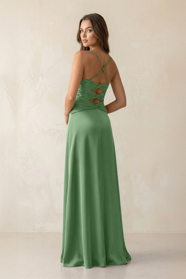 Cami Strap Pleated Sheath Satin Bridesmaid Dress in Matcha - KissProm Bridesmaid Dresses