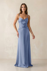 Cami Strap Pleated Sheath Satin Bridesmaid Dress in Mist - KissProm Bridesmaid Dresses