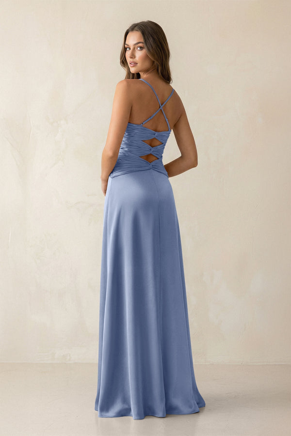 Cami Strap Pleated Sheath Satin Bridesmaid Dress in Mist - KissProm Bridesmaid Dresses