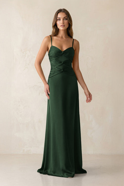 Cami Strap Pleated Sheath Satin Bridesmaid Dress in Moss - KissProm Bridesmaid Dresses