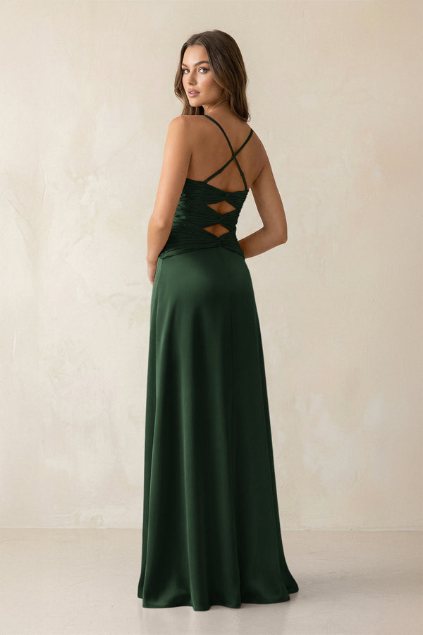 Cami Strap Pleated Sheath Satin Bridesmaid Dress in Moss - KissProm Bridesmaid Dresses