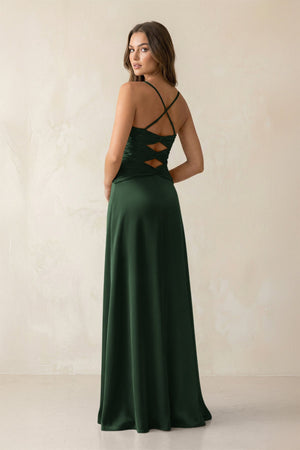 Cami Strap Pleated Sheath Satin Bridesmaid Dress in Moss - KissProm Bridesmaid Dresses
