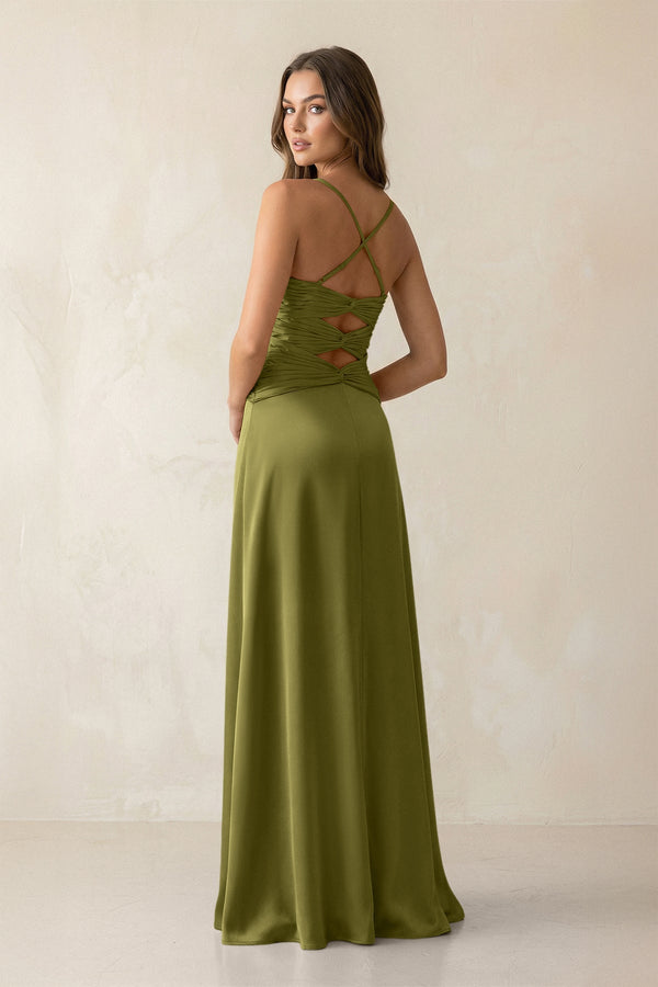 Cami Strap Pleated Sheath Satin Bridesmaid Dress in Moss Green - KissProm Bridesmaid Dresses
