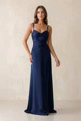 Cami Strap Pleated Sheath Satin Bridesmaid Dress in Navy - KissProm Bridesmaid Dresses