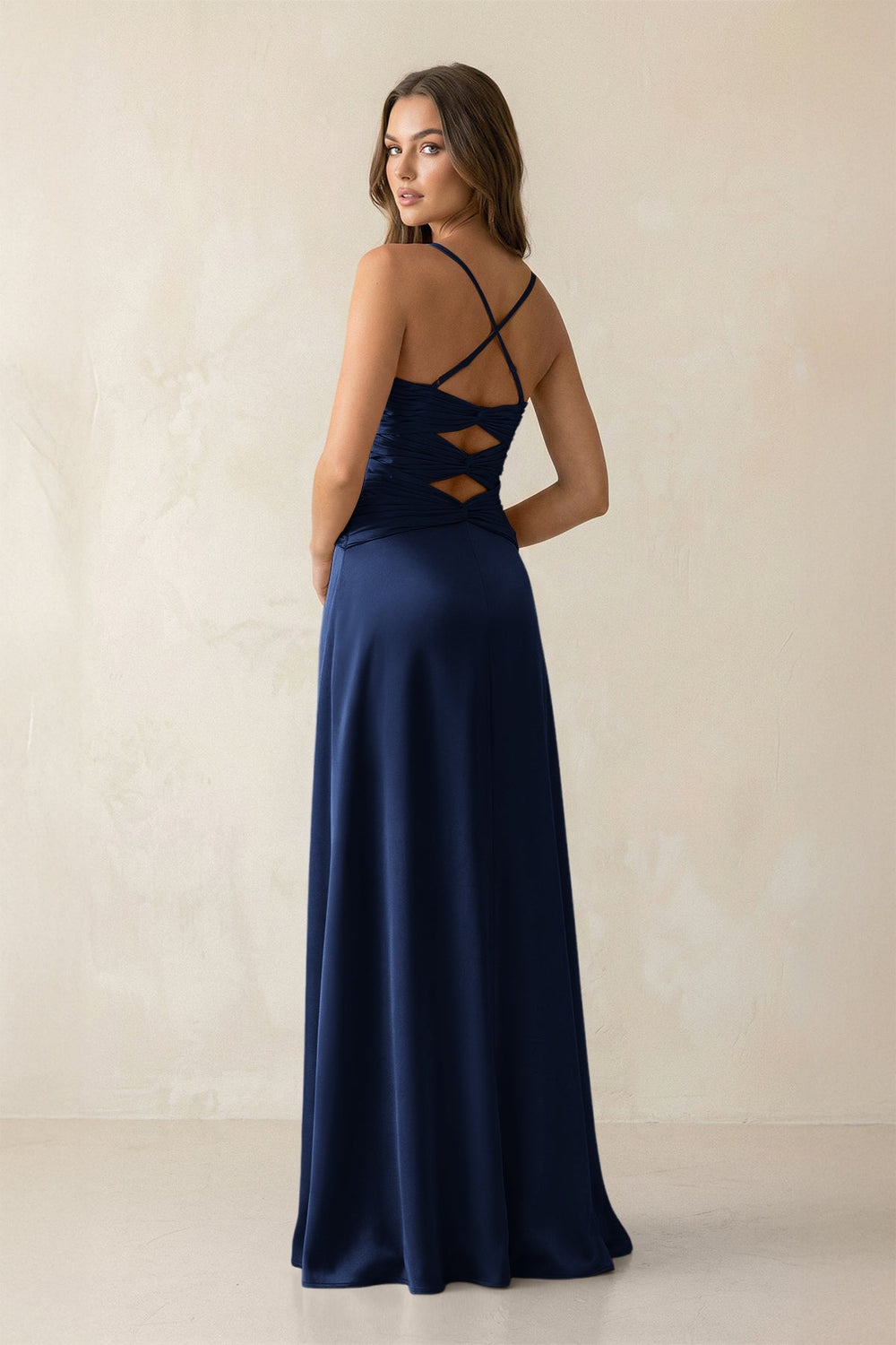 Cami Strap Pleated Sheath Satin Bridesmaid Dress in Navy - KissProm Bridesmaid Dresses