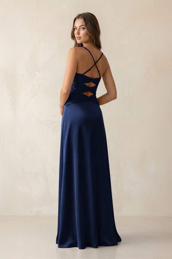 Cami Strap Pleated Sheath Satin Bridesmaid Dress in Navy - KissProm Bridesmaid Dresses