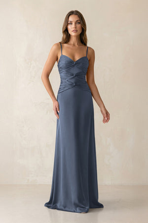 Cami Strap Pleated Sheath Satin Bridesmaid Dress in Neptune - KissProm Bridesmaid Dresses