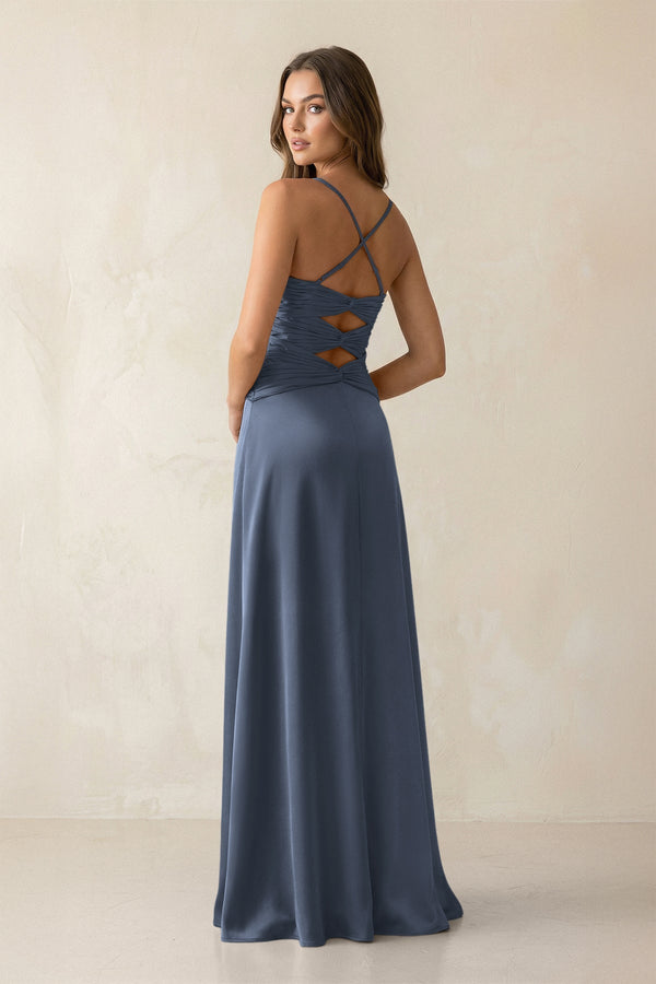 Cami Strap Pleated Sheath Satin Bridesmaid Dress in Neptune - KissProm Bridesmaid Dresses