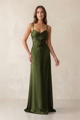 Cami Strap Pleated Sheath Satin Bridesmaid Dress in Olive - KissProm Bridesmaid Dresses