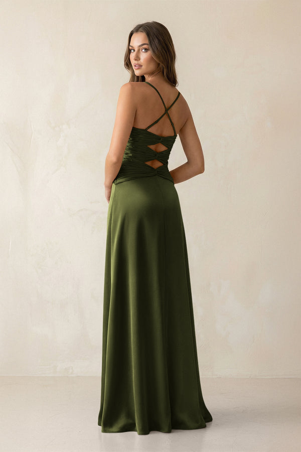 Cami Strap Pleated Sheath Satin Bridesmaid Dress in Olive - KissProm Bridesmaid Dresses
