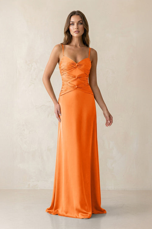 Cami Strap Pleated Sheath Satin Bridesmaid Dress in Orange - KissProm Bridesmaid Dresses