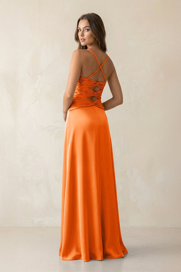 Cami Strap Pleated Sheath Satin Bridesmaid Dress in Orange - KissProm Bridesmaid Dresses