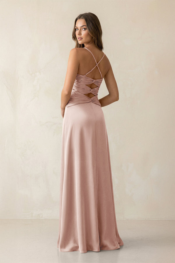 Cami Strap Pleated Sheath Satin Bridesmaid Dress in Pale Blush - KissProm Bridesmaid Dresses