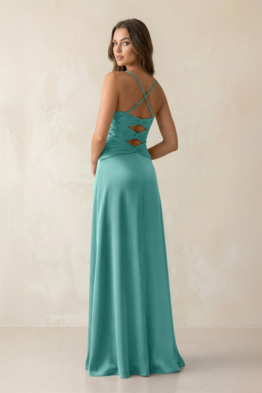 Cami Strap Pleated Sheath Satin Bridesmaid Dress in Pale Pistachio - KissProm Bridesmaid Dresses