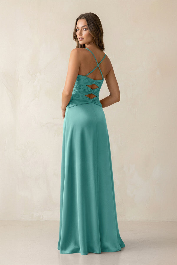 Cami Strap Pleated Sheath Satin Bridesmaid Dress in Pale Pistachio - KissProm Bridesmaid Dresses