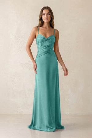 Cami Strap Pleated Sheath Satin Bridesmaid Dress in Pale Pistachio - KissProm Bridesmaid Dresses