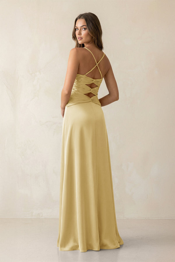 Cami Strap Pleated Sheath Satin Bridesmaid Dress in Pastel Yellow - KissProm Bridesmaid Dresses