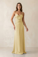 Cami Strap Pleated Sheath Satin Bridesmaid Dress in Pastel Yellow - KissProm Bridesmaid Dresses