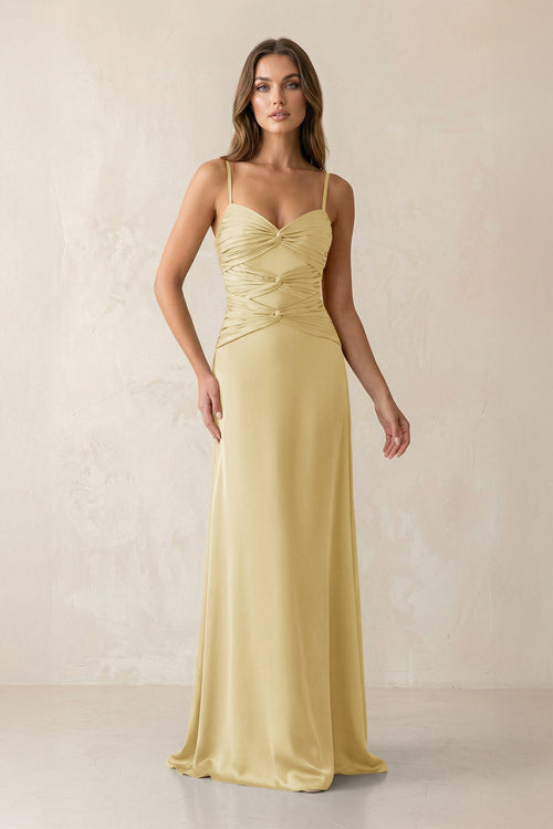 Cami Strap Pleated Sheath Satin Bridesmaid Dress in Pastel Yellow - KissProm Bridesmaid Dresses