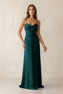Cami Strap Pleated Sheath Satin Bridesmaid Dress in Pine - KissProm Bridesmaid Dresses
