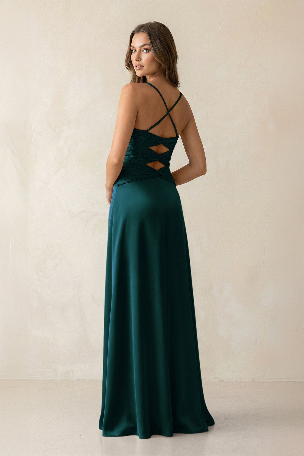 Cami Strap Pleated Sheath Satin Bridesmaid Dress in Pine - KissProm Bridesmaid Dresses