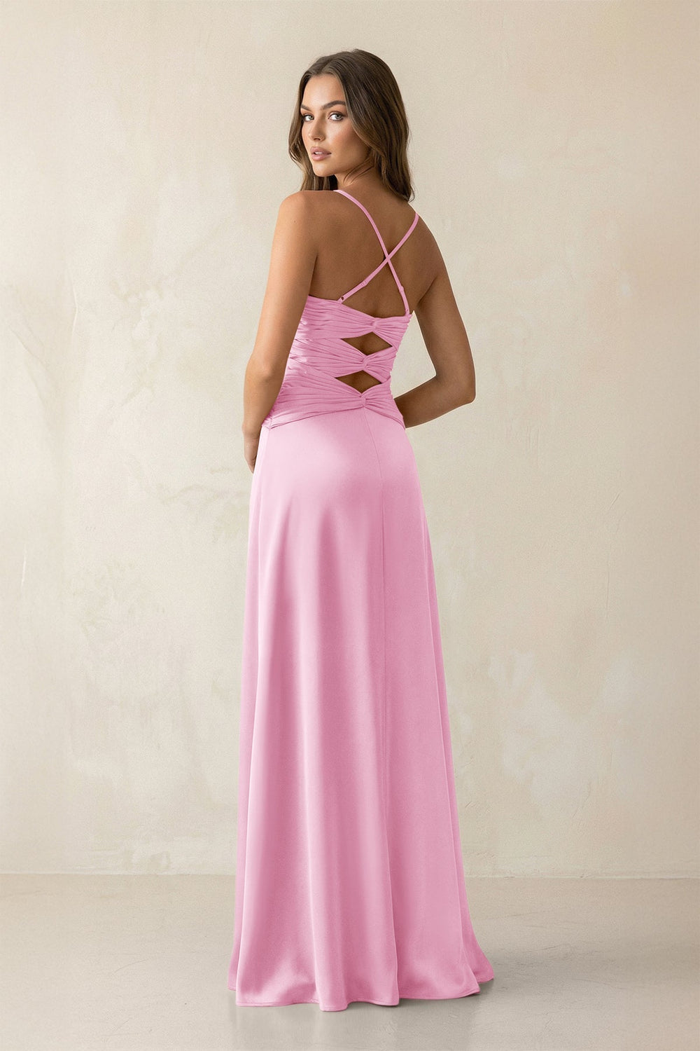 Cami Strap Pleated Sheath Satin Bridesmaid Dress in Pink - KissProm Bridesmaid Dresses