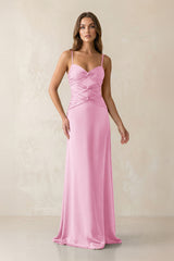 Cami Strap Pleated Sheath Satin Bridesmaid Dress in Pink - KissProm Bridesmaid Dresses
