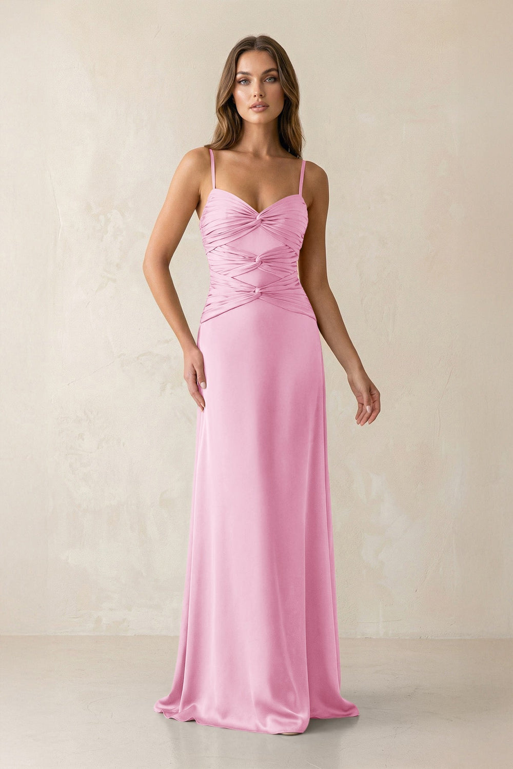 Cami Strap Pleated Sheath Satin Bridesmaid Dress in Pink - KissProm Bridesmaid Dresses