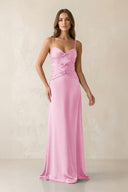 Cami Strap Pleated Sheath Satin Bridesmaid Dress in Pink - KissProm Bridesmaid Dresses