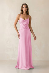Cami Strap Pleated Sheath Satin Bridesmaid Dress in Pink - KissProm Bridesmaid Dresses
