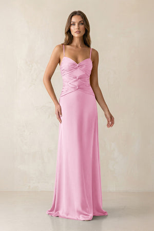 Cami Strap Pleated Sheath Satin Bridesmaid Dress in Pink - KissProm Bridesmaid Dresses