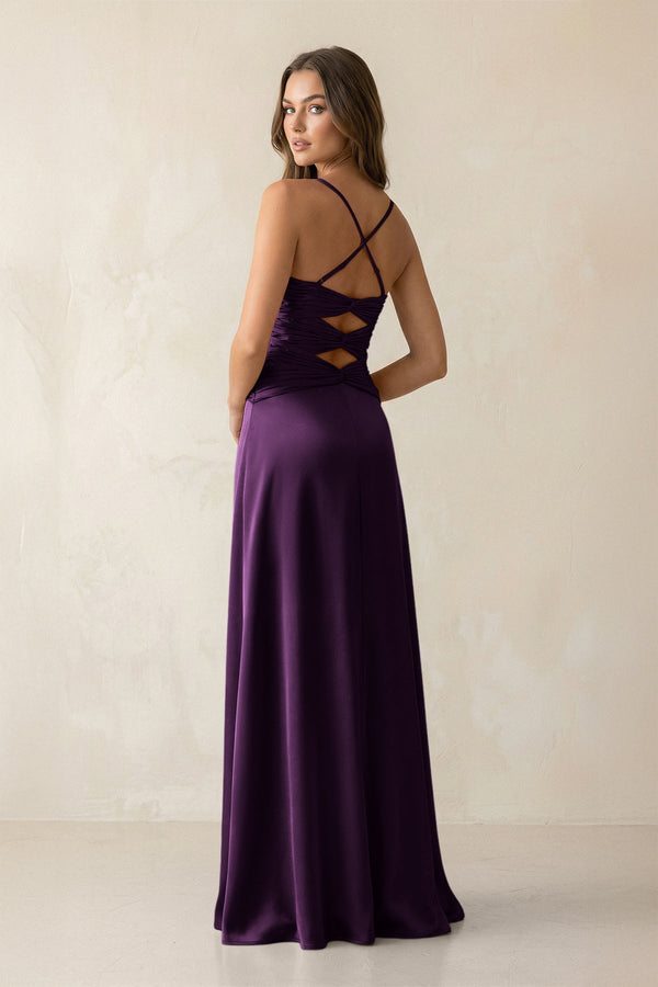 Cami Strap Pleated Sheath Satin Bridesmaid Dress in Plum - KissProm Bridesmaid Dresses